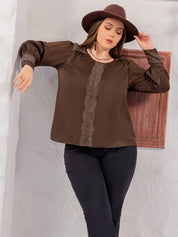 Plus Size Lace Detail Round Neck Long Sleeve Blouse | Daverri Fashions