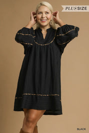 Umgee Full Size Textured Babydoll Dress with Leopard Trim Plus Size | Daverri Fashions