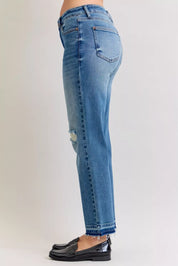 Judy Blue Full Size Mid Rise Bf Patch & Repair Destroy Release Hem Jeans Plus Size | Jeans Daverri Fashions