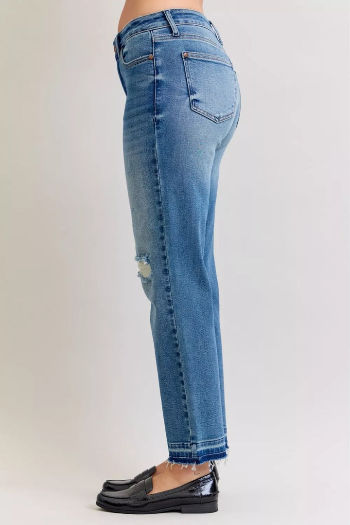 Judy Blue Full Size Mid Rise Bf Patch & Repair Destroy Release Hem Jeans Plus Size | Jeans Daverri Fashions