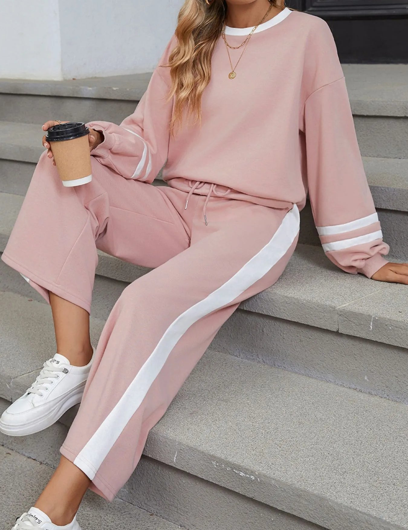 Daverri Fashions dusty rose lounge set with white stripe, cotton blend