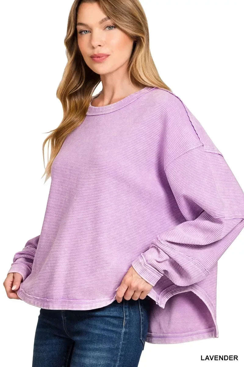 Zenana Acid Washed Exposed-Seam Sweatshirt - DAVERRI FASHIONS