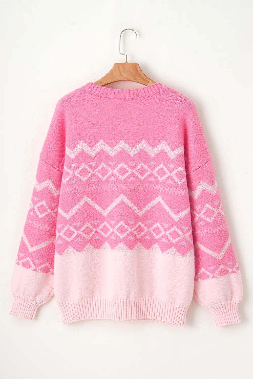 Pink women’s geometric drop shoulder long sleeve knit sweater
