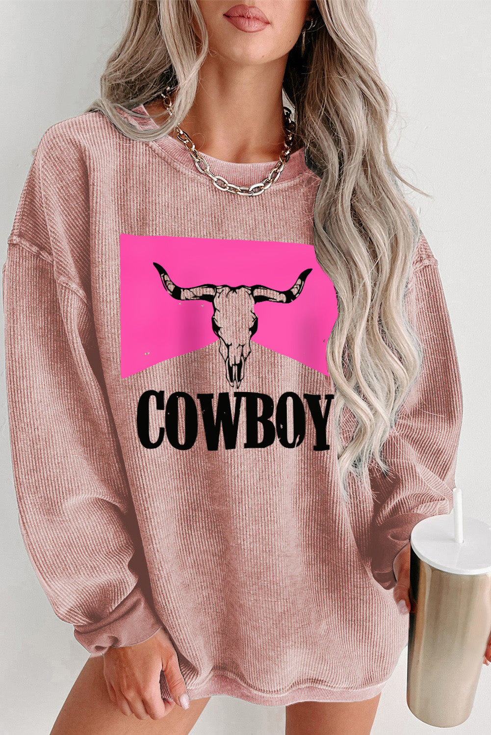 Dusty Pink COWBOY Graphic Round Neck Sweatshirt | Sweatshirts Daverri Fashions