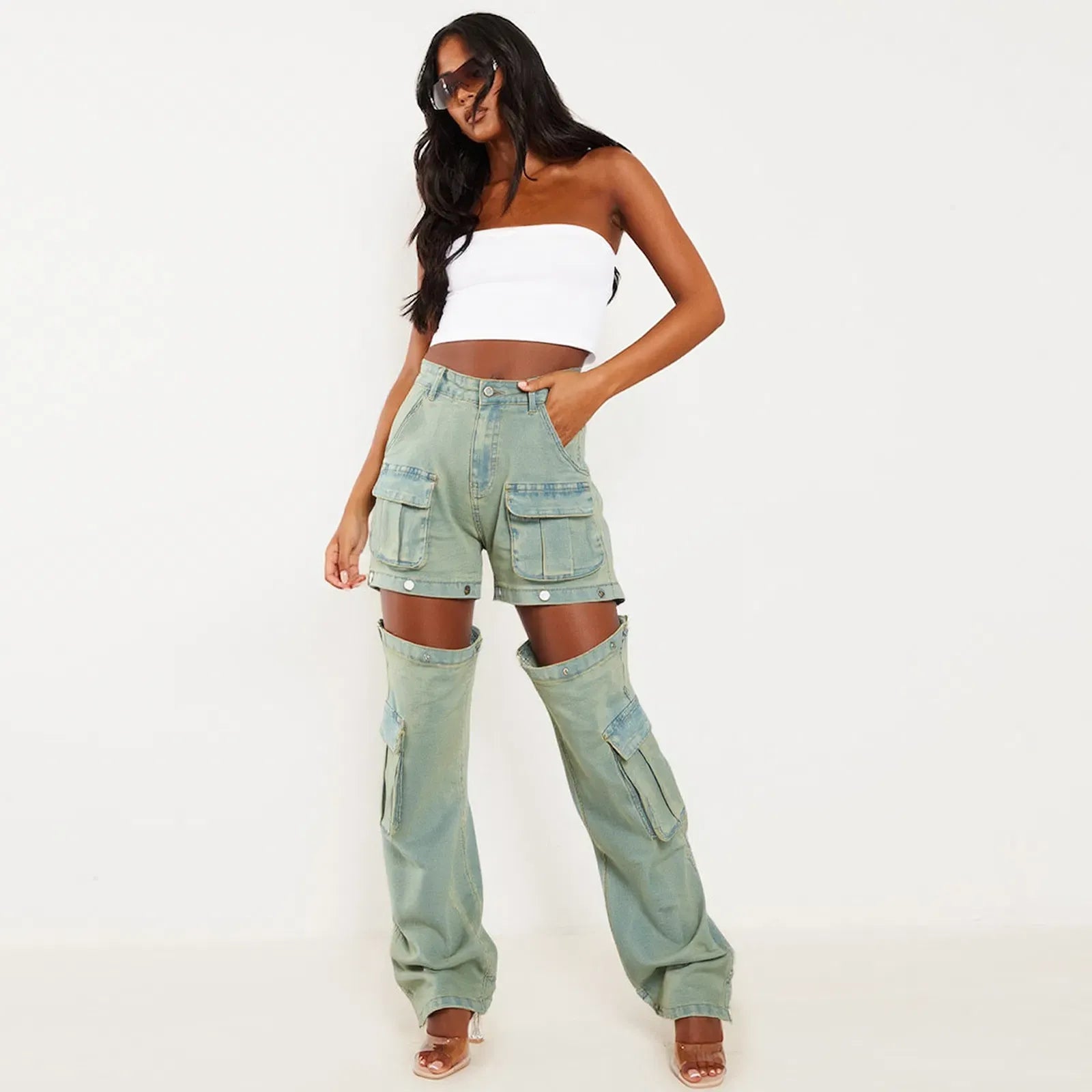 Blue Green High-Waisted Convertible Cargo Jeans | Cargo Jeans Daverri Fashions