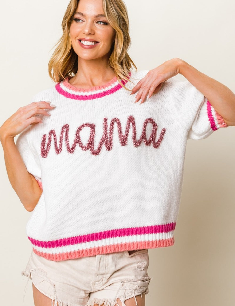 BiBi MAMA Contrast Trim Short Sleeve Sweater FuchsiaMulti