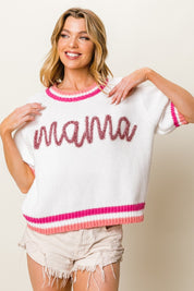 BiBi MAMA Contrast Trim Short Sleeve Sweater FuchsiaMulti