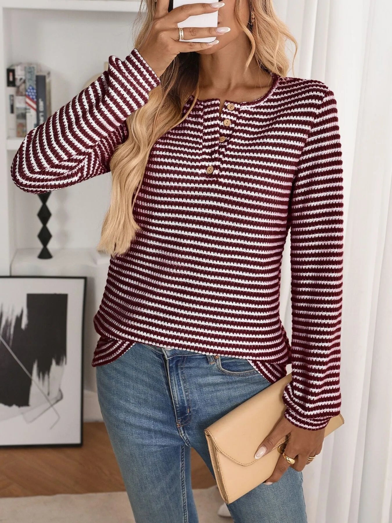 Daverri Fashions burgundy white striped button detail long sleeve top
