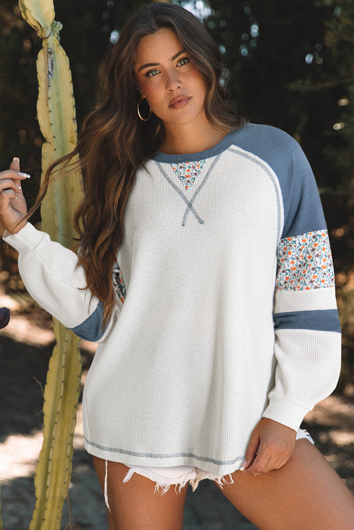 White 75%Polyester+25%Cotton White Floral Patchwork Waffle Knit Raglan Top | Tops/Long Sleeve Tops Daverri Fashions