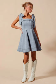 SO ME A Line Fit and Flare Diamond Bow Ribbon Denim Dres | Mini Dresses Daverri Fashions