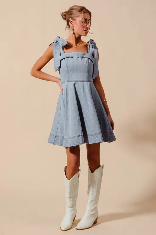 SO ME A Line Fit and Flare Diamond Bow Ribbon Denim Dres Mini Dresses