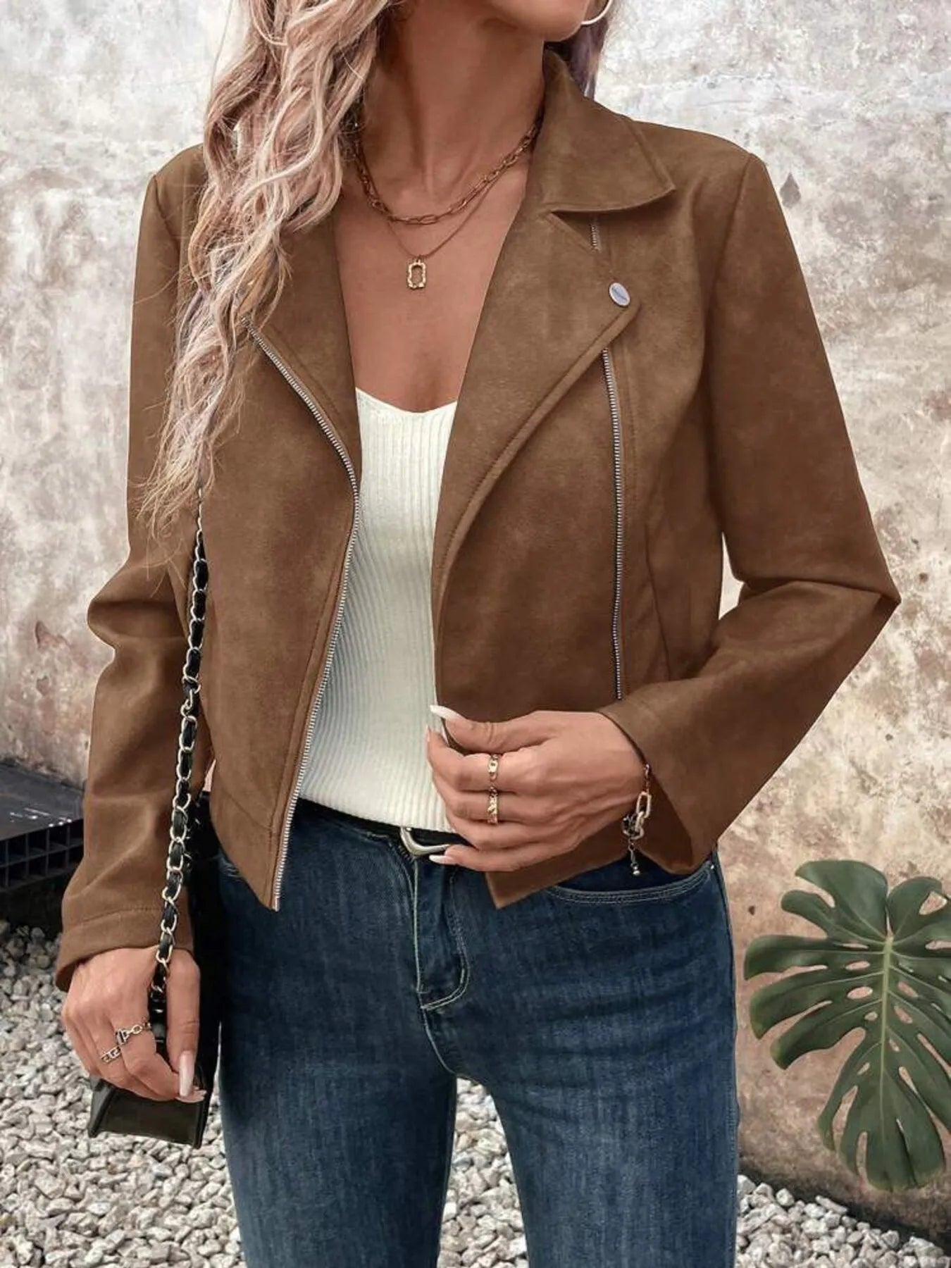 Brown Zip Up Suede Cropped Moto Jacket | Jackets Daverri Fashions
