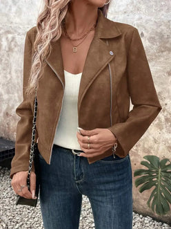 Zip Up Suede Cropped Moto Jacket - DAVERRI FASHIONS
