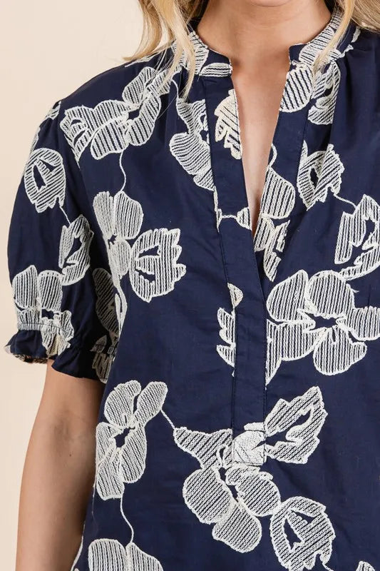 Lime 'N' Chili Embroidered Split Neck Puff Sleeve Blouse