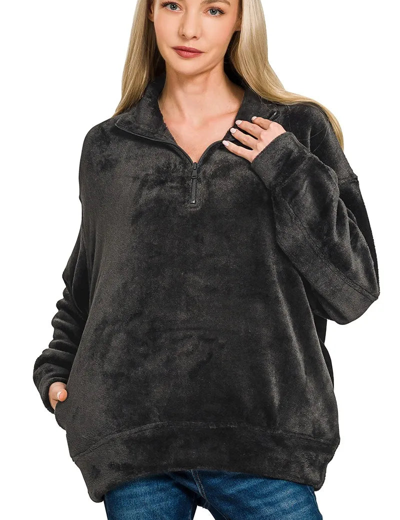 BLACK Zenana Faux Fur Half Zip Pocket Pullover | Pullovers Daverri Fashions