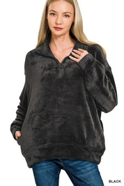 BLACK Zenana Faux Fur Half Zip Pocket Pullover | Pullovers Daverri Fashions