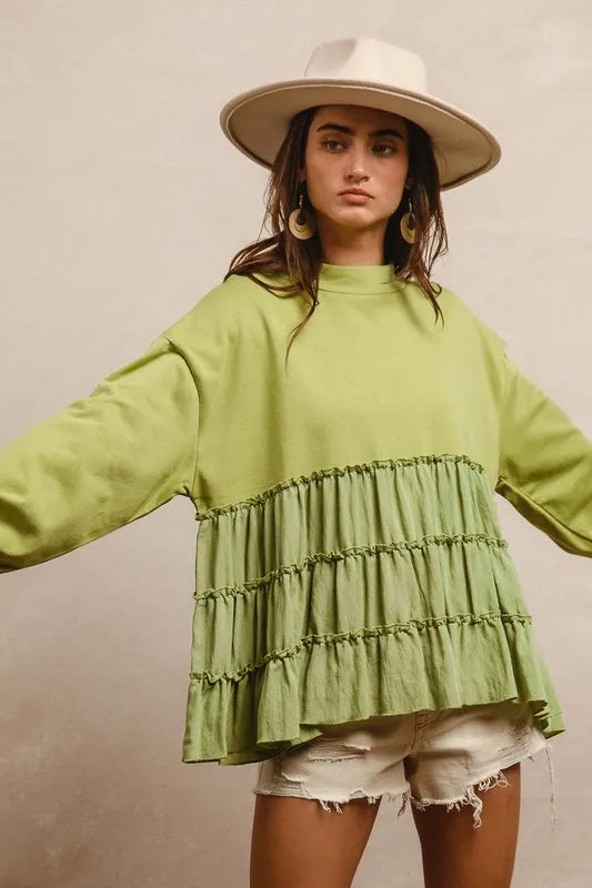BiBi French Terry and Woven Mixed Tiered Top LT OLIVE Tops