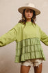 BiBi French Terry and Woven Mixed Tiered Top LT OLIVE Tops