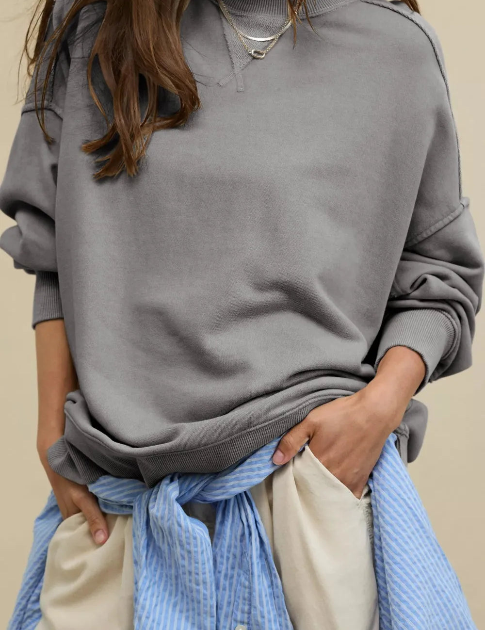 Dark Gray Side Slit Round Neck Long Sleeve Sweatshirt | Sweatshirts Daverri Fashions