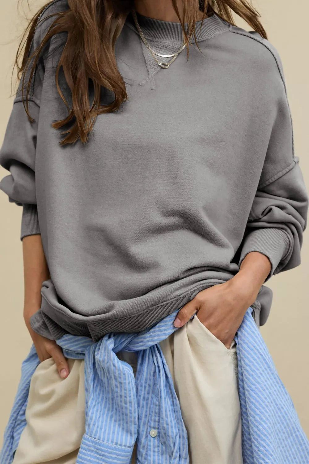 Dark Gray Side Slit Round Neck Long Sleeve Sweatshirt | Sweatshirts Daverri Fashions