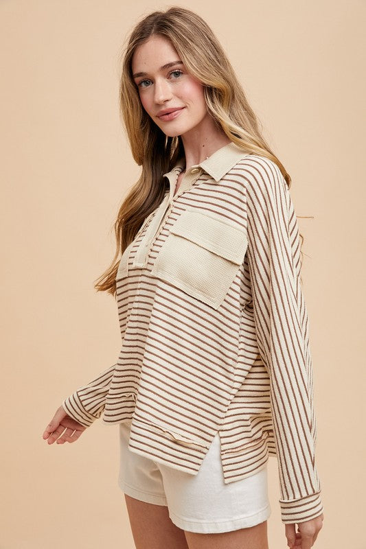 Annie Wear Striped Button Detail Long Sleeve Polo Top Tops