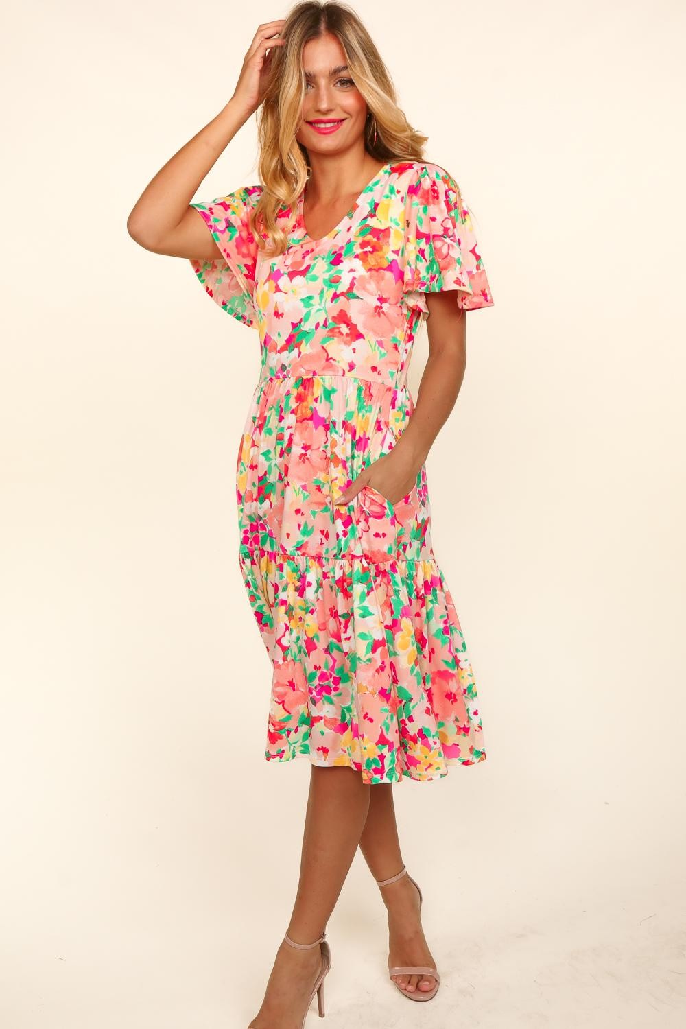 Haptics Tiered Floral Midi Dress with Pockets Mid Dresses