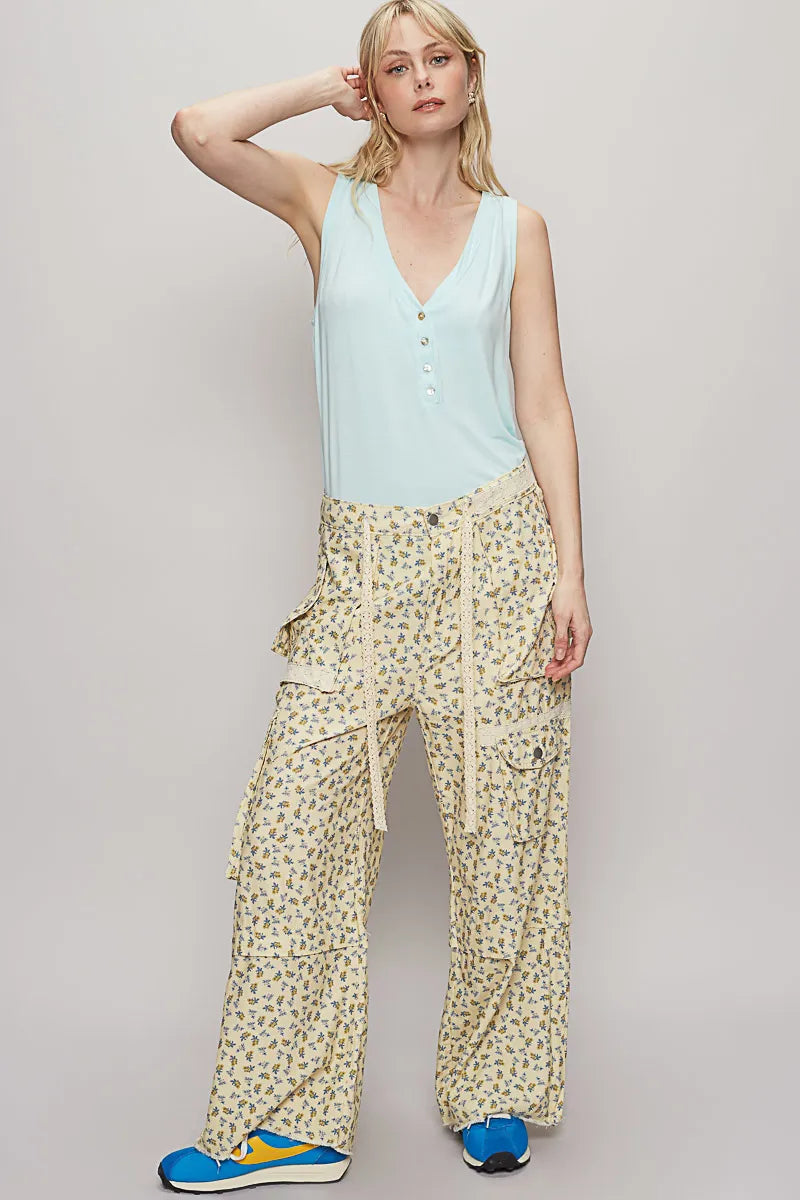 POL Floral Cargo Wide Leg Pants with Lace Drawstring Pants
