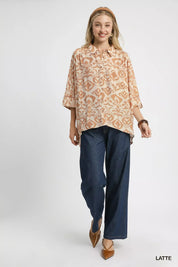 Umgee Abstract Print Button-Up Oversized Shirt with navy pants