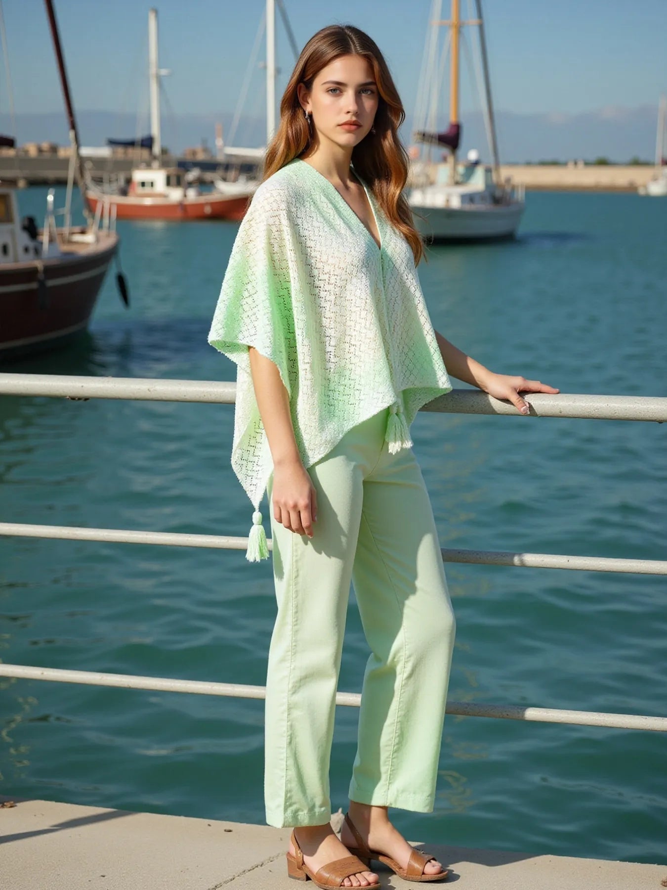 Mint green Daverri openwork tassel gradient knit poncho cover up