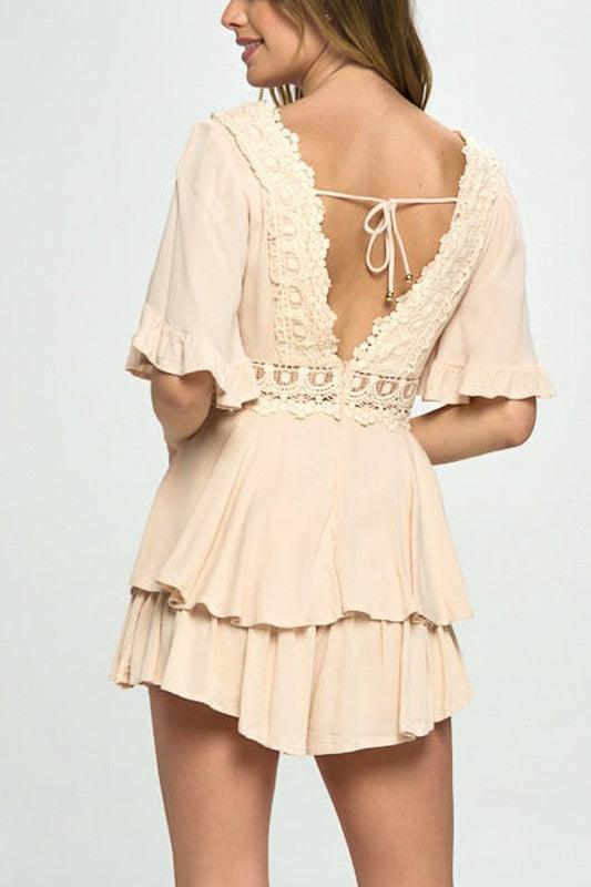 Flutter Sleeved Short Romper with Crochet Trim Rompers