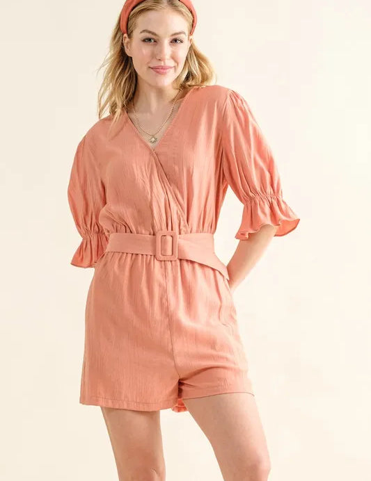 DUSTY CLAY And The Why Flounce Sleeves Romper with Belt | Rompers Daverri Fashions