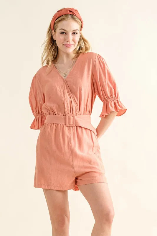 And The Why Flounce Sleeves Romper with Belt DUSTY CLAY Rompers