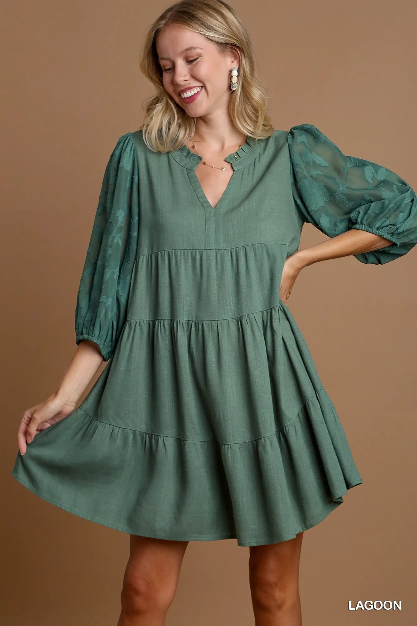 Umgee Floral Contrast Sleeve Tiered Dress LAGOON