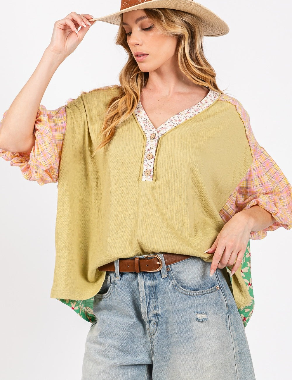 SAGE + FIG Color Block Bubble Sleeve Top Sage