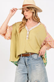 SAGE + FIG Color Block Bubble Sleeve Top Sage