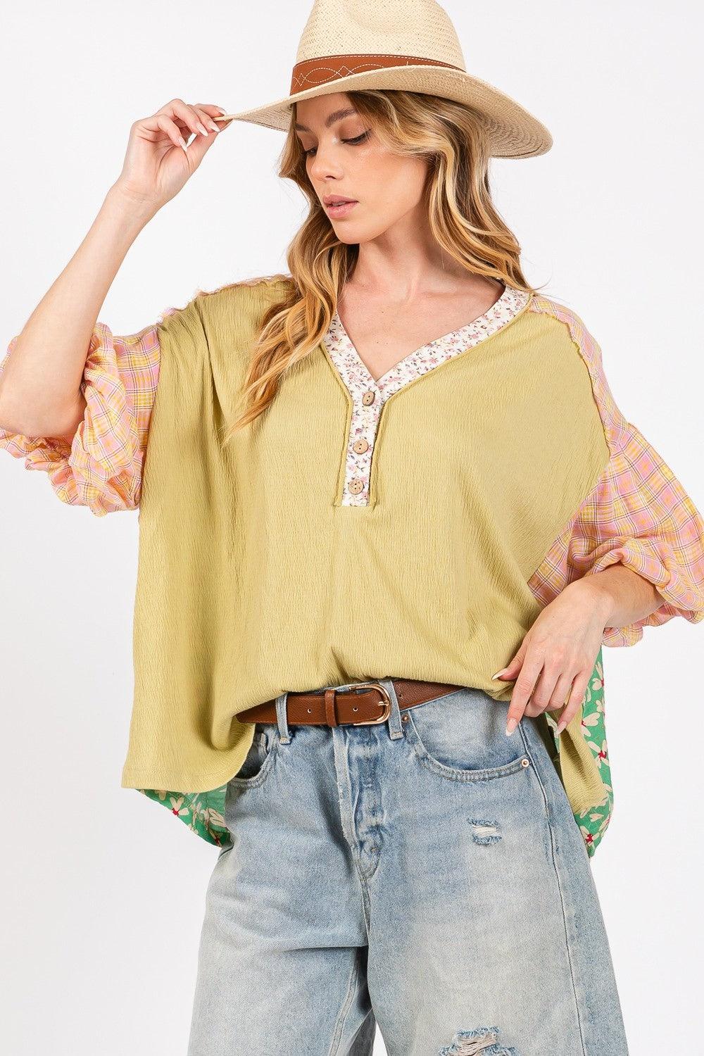 SAGE + FIG Color Block Bubble Sleeve Top Sage M Tops