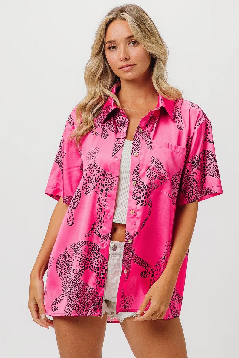 BiBi Leopard Print Short Sleeve Silky Satin Shirt Top Shirts