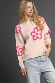 Umgee Round Neck Sweater with Pink Floral Accents | Daverri Fashions