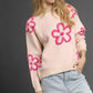 Umgee Round Neck Sweater with Pink Floral Accents - DAVERRI FASHIONS