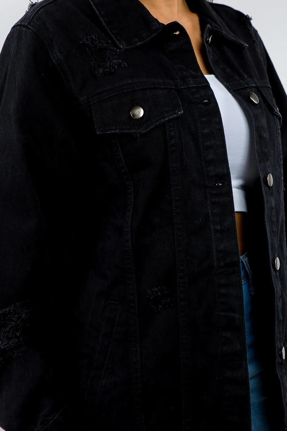 American Bazi Full Size Button Up Distressed Denim Jacket | Daverri Fashions