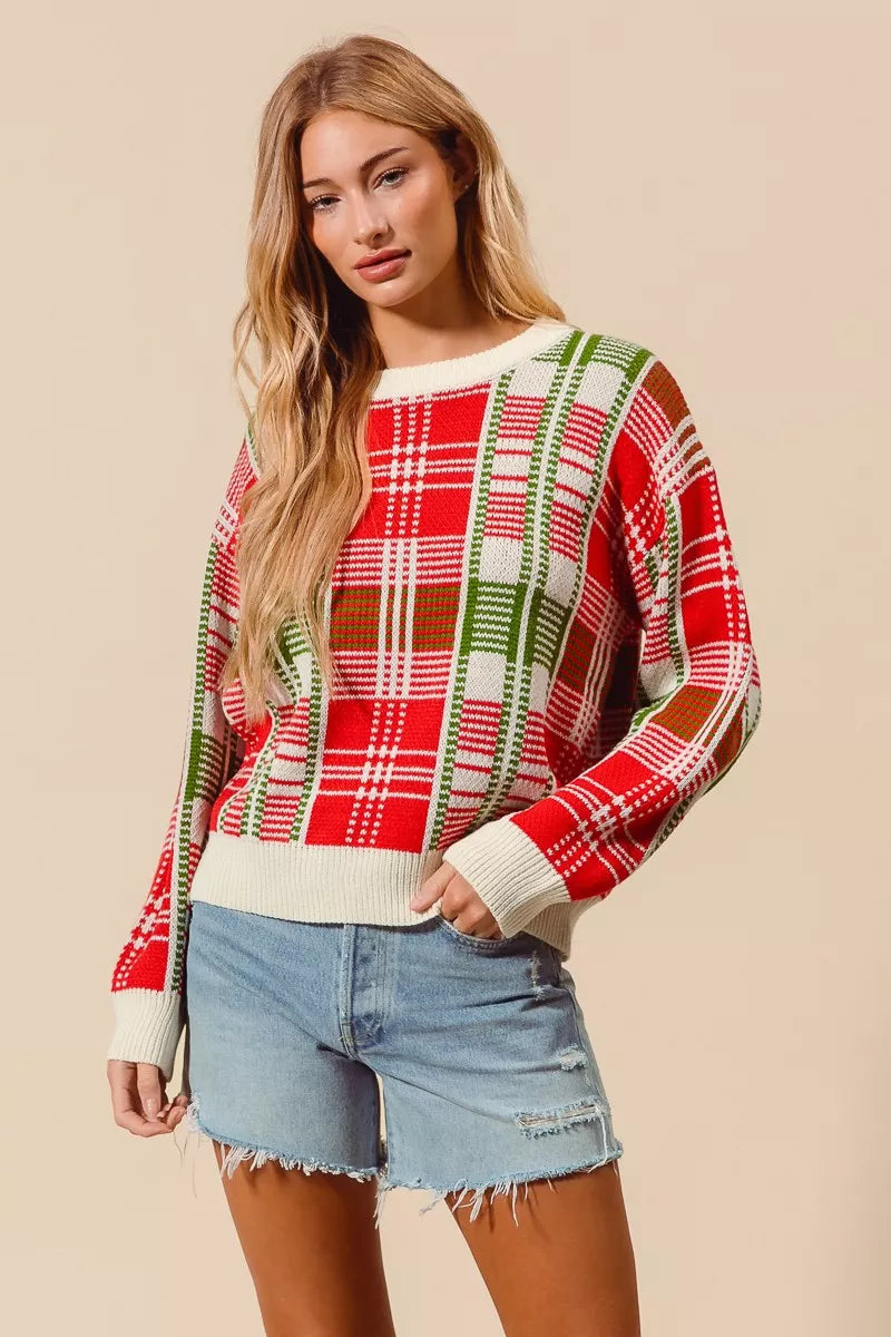 SO ME Christmas Color Checkered Plaid Crew Neck Sweater | Sweaters Daverri Fashions