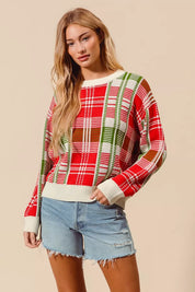 SO ME Christmas Color Checkered Plaid Crew Neck Sweater | Sweaters Daverri Fashions