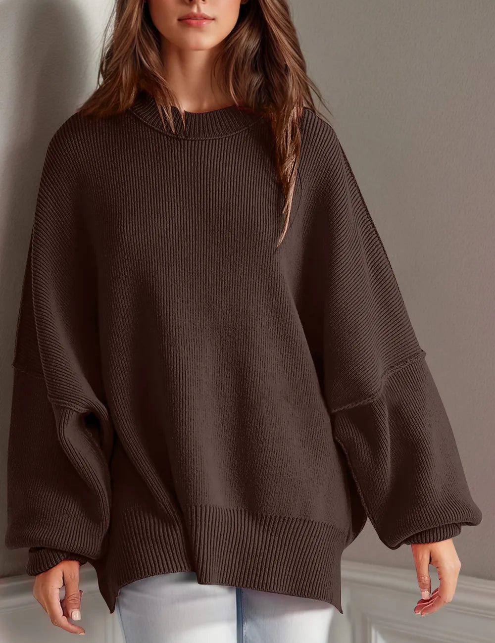 Dark Brown Side Slit Round Neck Long Sleeve Sweater | Sweaters Daverri Fashions