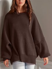 Dark Brown Side Slit Round Neck Long Sleeve Sweater | Sweaters Daverri Fashions