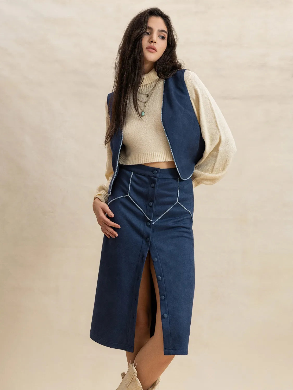 Open Front Vest and Buttoned Skirt Set | Outfit Sets Daverri Fashions