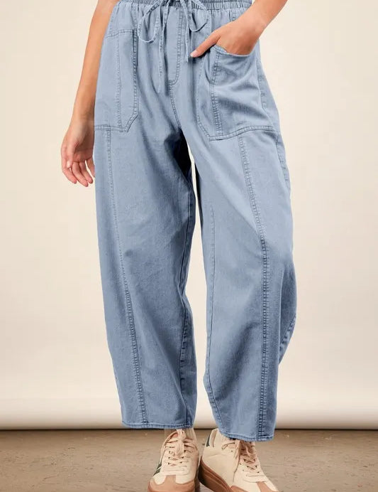 Lt Denim L VERY J Washed Chambray Barrel Denim Pants | Jeans Daverri Fashions