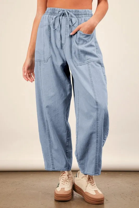 VERY J Washed Chambray Barrel Denim Pants Lt Denim