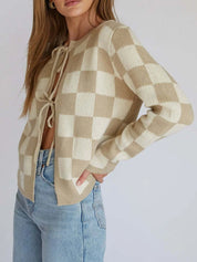 Checkered Tie-Front Cropped Cardigan | Cardigans Daverri Fashions