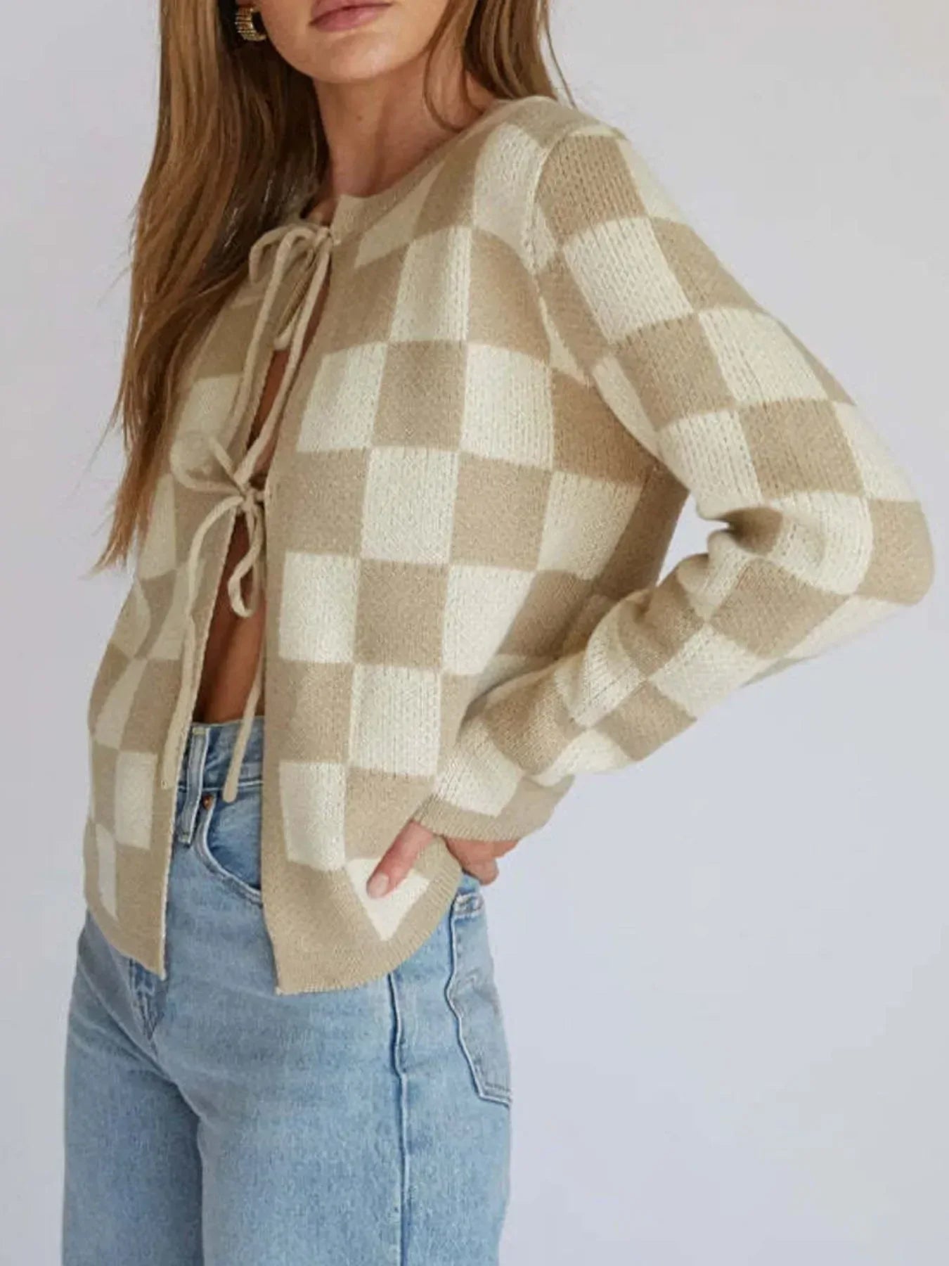 Checkered Tie-Front Cropped Cardigan - DAVERRI FASHIONS