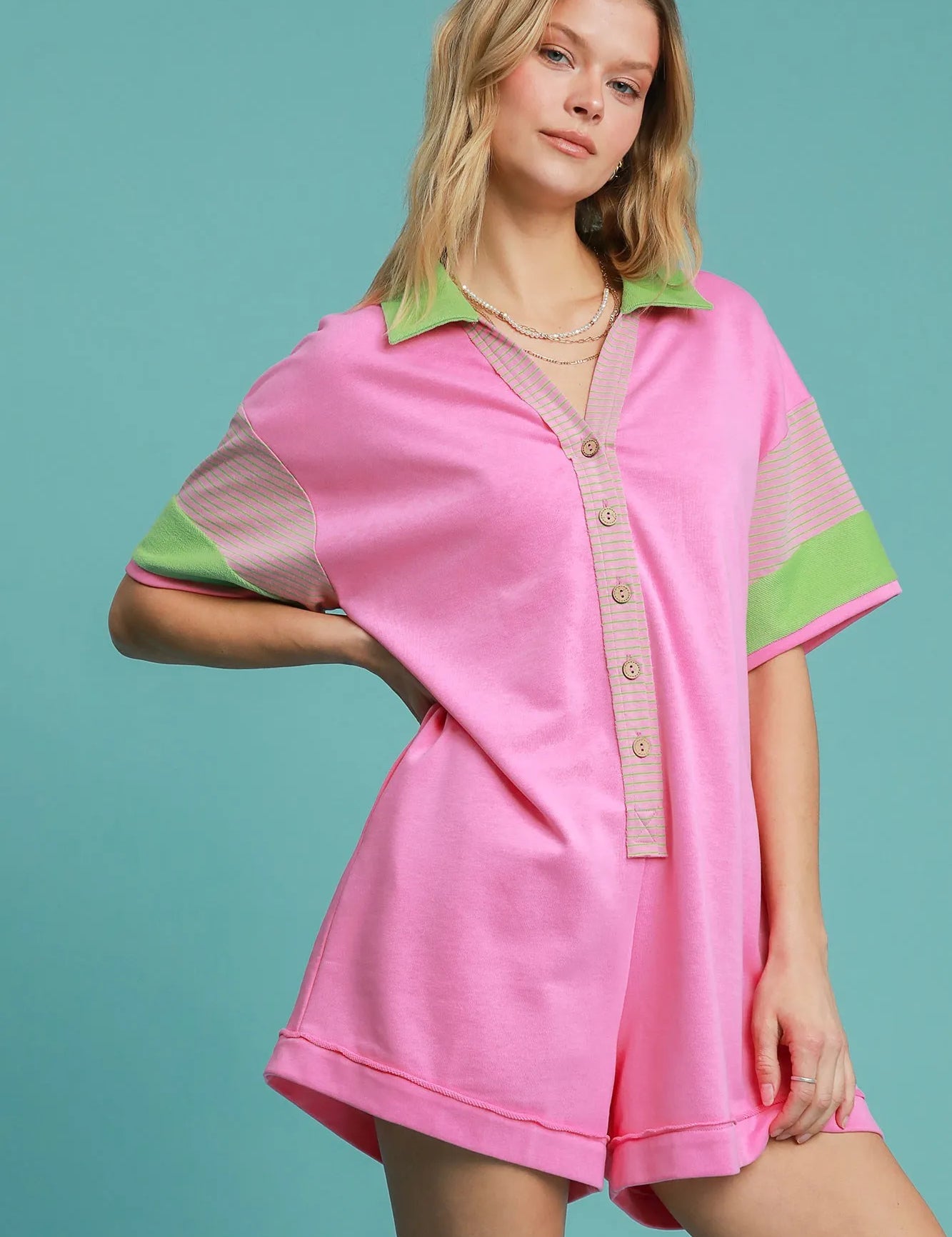BUBBLE PINK Umgee Contrast Trim Button Front Romper | Rompers Daverri Fashions